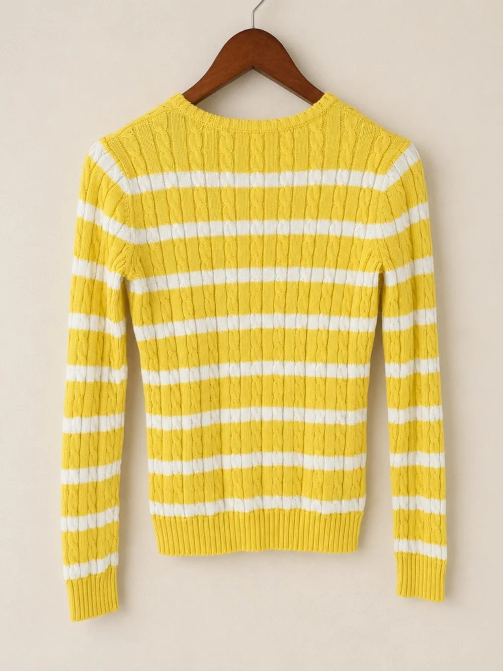 Lauren Ralph Lauren Yellow White Striped Cable Knit Sweater XS 100% Cotton VNeck